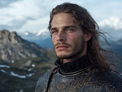 Portrait of a handsome knight in medieval armor against a mountain backdrop photo