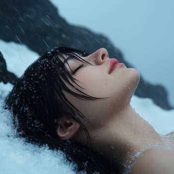 Serene woman lying in the snow, snow falling on her face photo