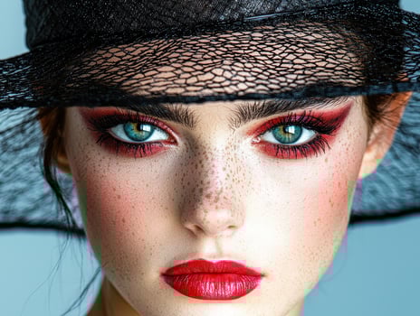 Close up portrait of a woman with freckles and red lipstick, wearing a black hat with netting photo