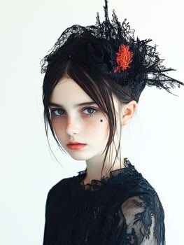 Portrait of a young girl with dark hair and a black lace headpiece photo