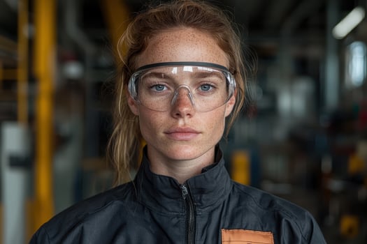 Portrait of a young female engineer wearing safety glasses in a factory photo