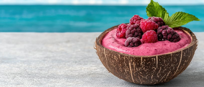 Delicious raspberry and blackberry smoothie bowl in coconut shell, summer vibes photo