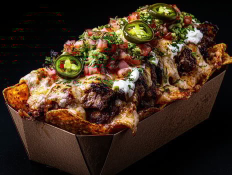 Loaded nachos with beef, cheese, jalapenos, guacamole, and sour cream photo