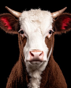 Close up portrait of a young brown and white cow photo