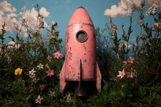 Pink rocket ship in a field of flowers photo
