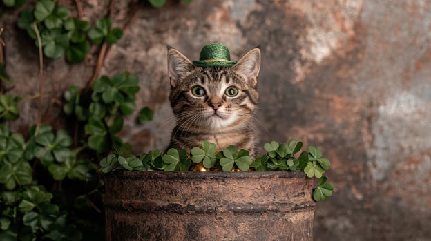 Adorable tabby kitten wearing a green hat sits in a pot of shamrocks photo