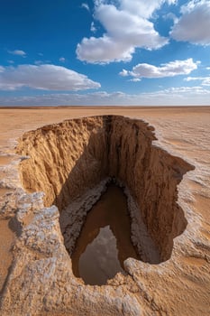 Dramatic desert landscape with a sinkhole and a pool of water photo
