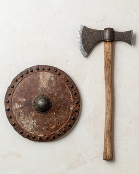 Ancient battle axe and shield on a light background photo