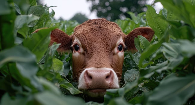 Close up of a curious cow peeking through lush green foliage photo