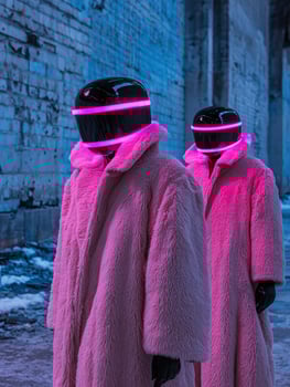 Futuristic figures in pink coats and neon helmets stand in a desolate urban landscape photo