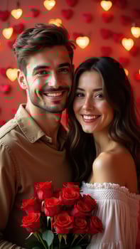 Smiling couple posing for Valentine's Day with roses and heart bokeh background photo