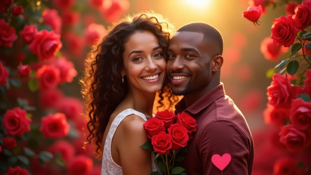 Smiling couple in a garden of roses celebrating Valentine's Day with love photo