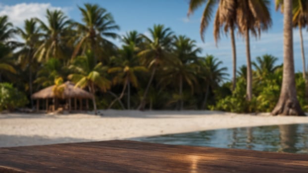Tropical beach scene with wooden surface. Perfect for showcasing products in a summery, vacation setting. photo