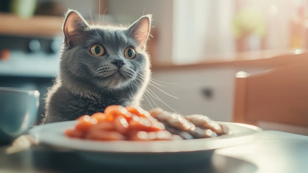 Russian Blue cat curiously gazes at plate of food, showcasing its grace photo