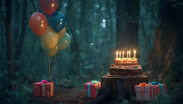 A birthday cake with balloons and presents in the woods photo
