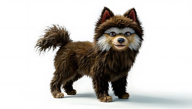 A brown dog with long hair standing on a white background photo