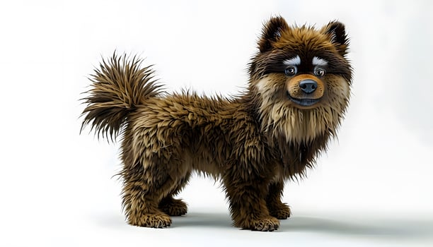 A brown dog with long hair standing on a white background photo