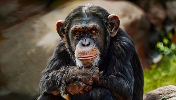 A chimpanzee sitting on a rock with his hands on his chin photo