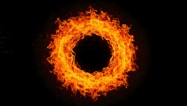 Ring of fire orange red flames swirling dynamically on dark background, powerful, intensity, energy, power dynamic visual branding. photo
