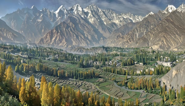 A view of the mountains and valley in the middle of a valley photo