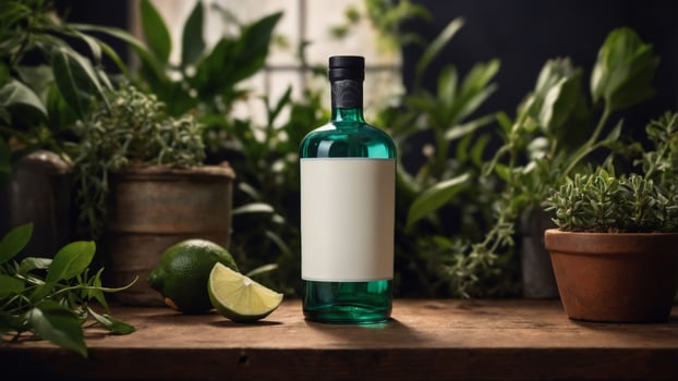 Green glass bottle with blank label, surrounded by lush greenery and limes. Perfect for showcasing your product photo