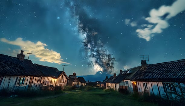 A night sky with stars and the milky over a village photo