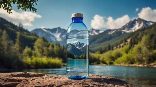 Mountain lake scene reflected in a plastic water bottle, sitting on a rock by a tranquil river. photo
