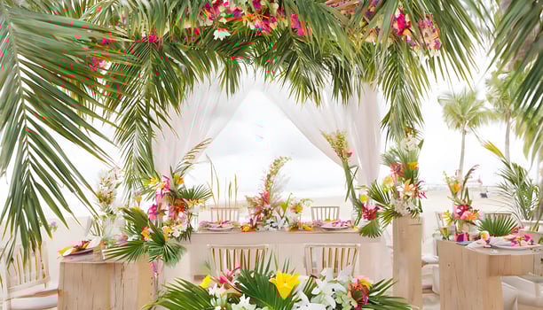 A tropical wedding with palm trees and flowers photo