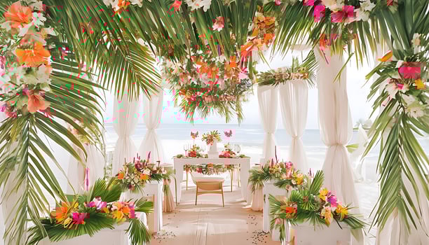 A tropical wedding ceremony with palm trees and flowers photo