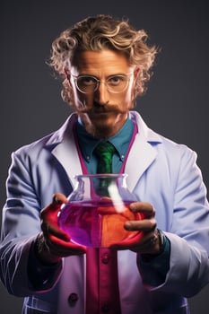 A man in a lab coat holding a beaker photo