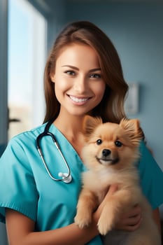A woman in a blue scrub suit holding a dog photo