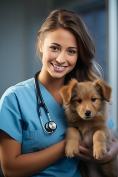 A woman in a blue scrub suit holding a dog photo