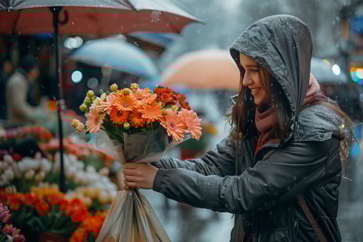 A woman is holding flowers in the rain photo