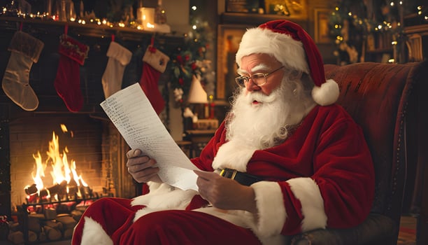 Santa claus reading a letter in front of a fireplace photo