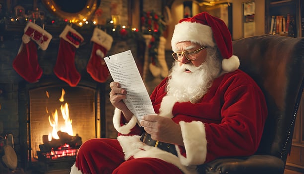 Santa claus reading a letter in front of a fireplace photo