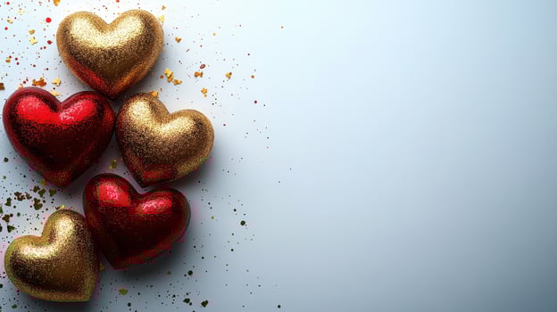 A sparkling Valentine arrangement showcasing glittering red and gold heart decorations on a textured surface, surrounded by scattered golden confetti, exuding elegance, romance, festive charm. photo