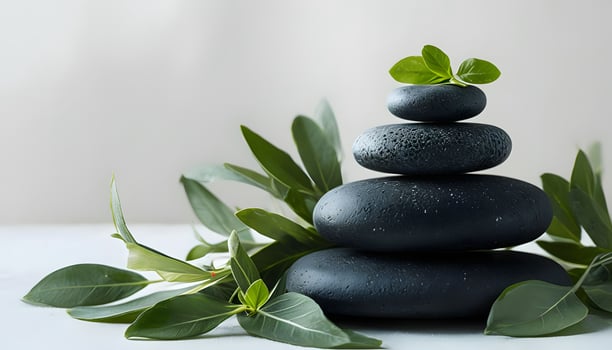 A stack of black stones with leaves on top photo