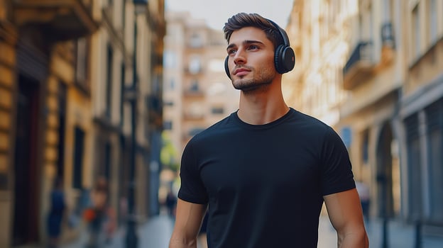 Young man in black t-shirt listening to music with headphones. photo
