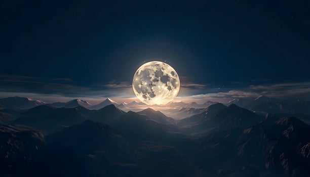 A full moon is seen over mountains in the night photo