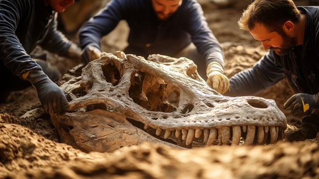 three men are working on a dinosaur skeleton photo