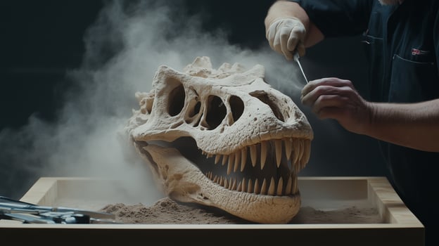 archaeological team in excavation area uncovering a massive dinosaur skeleton photo