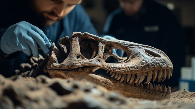 a man is examining a dinosaur skull photo