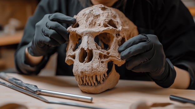 Paleontologist holding a skull on her desk photo