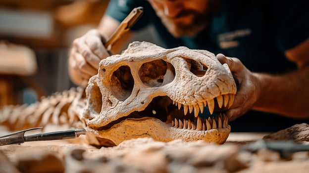 A close-up of a paleontologist uncovering a massive dinosaur skull fossil, carefully brushing away dirt and dust photo