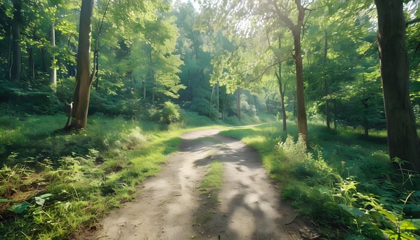 A dirt road in the middle of a green forest photo