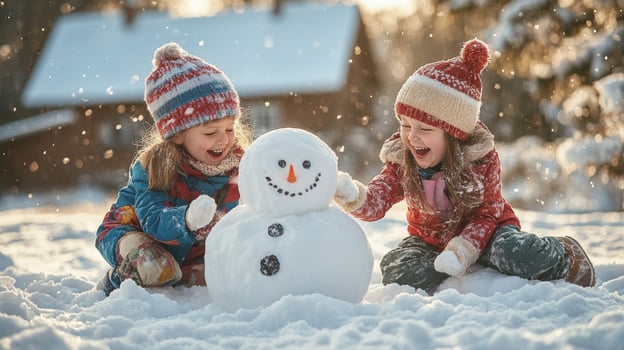 Two children playing with a snowman in the snow photo