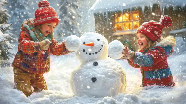 Two children playing with a snowman in the snow photo