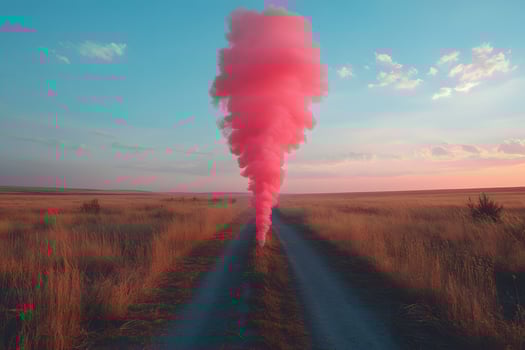 Surreal Pink Smoke in Serene Rural Sunset Landscape for Creative Use photo