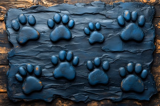 Woodland Adventure Theme with Blue Animal Paw Prints on Textured Wooden Surface photo