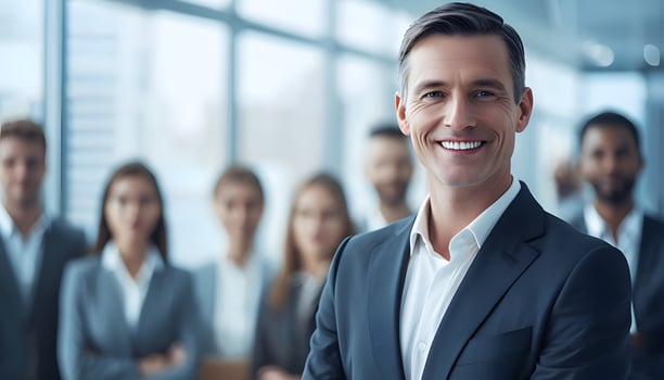A man in a suit and tie standing in front of a group of people photo